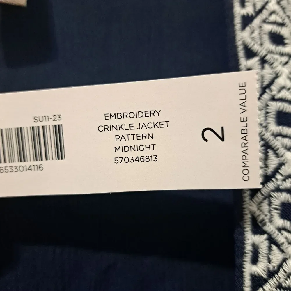Chico's Floral Embroidery Pattern Crinkle Open Front Cardi Jacket Midnight Sz 2
